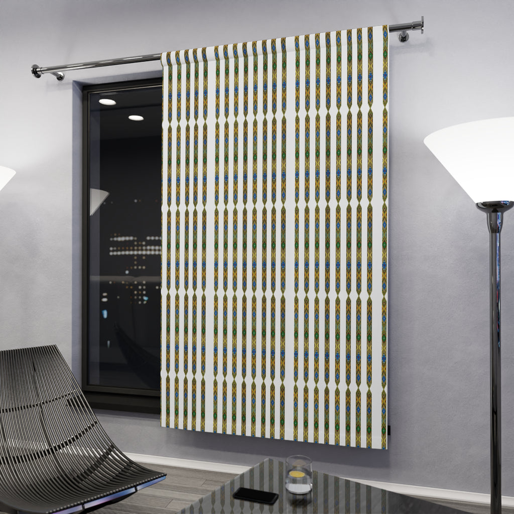 Striped Boho Window Curtain — Blue, Olive & Mustard Vertical Pattern