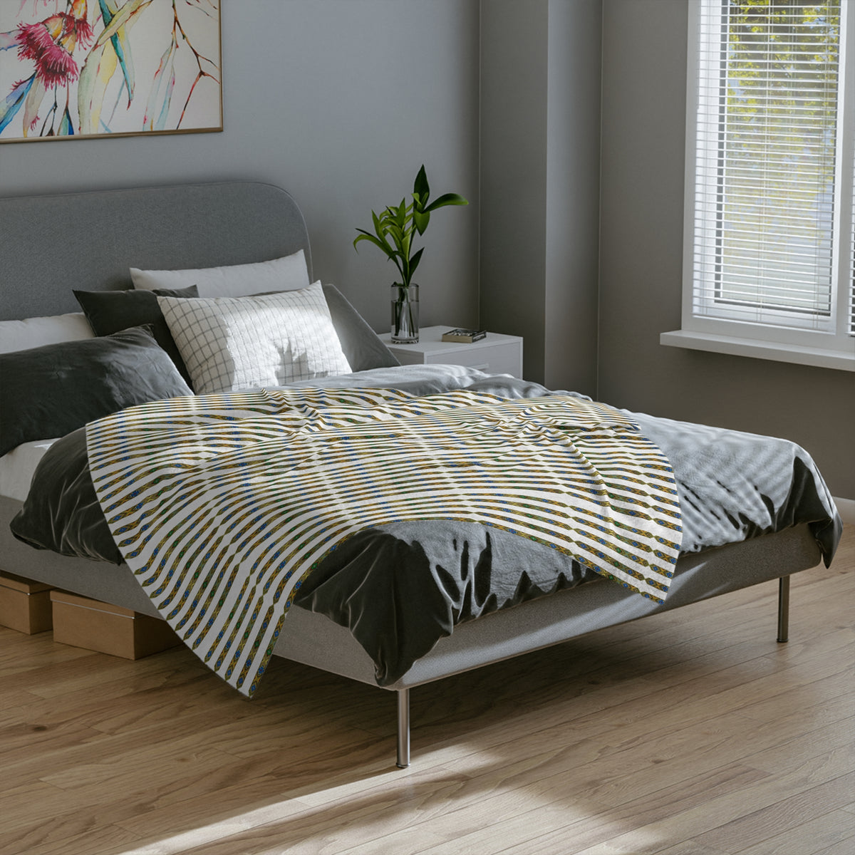 Velveteen Microfiber Blanket — Retro Stripe Plaid Throw (Mustard, Navy)