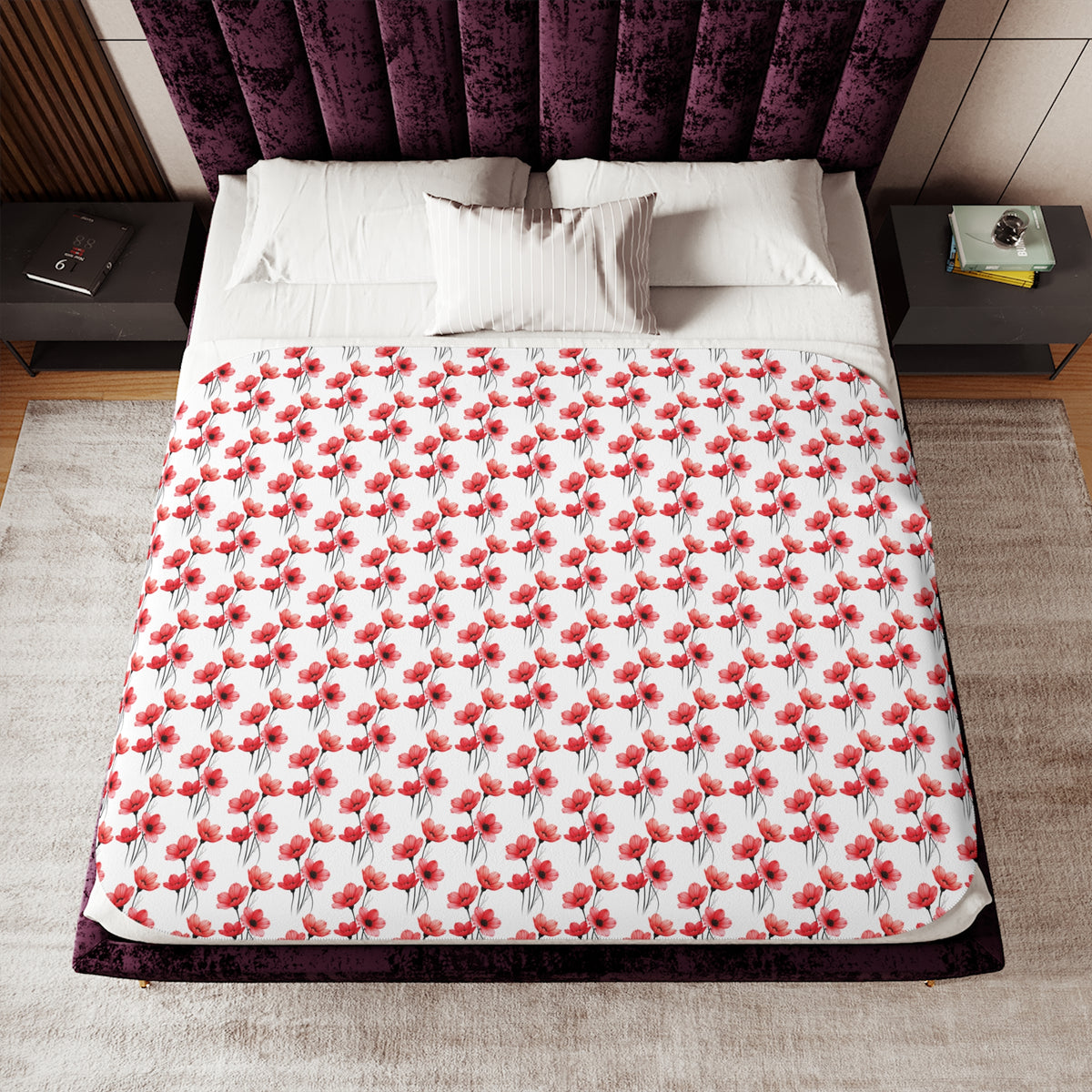 Cozy Red Floral Sherpa Blanket — Reversible Plush Throw for Home & Gift