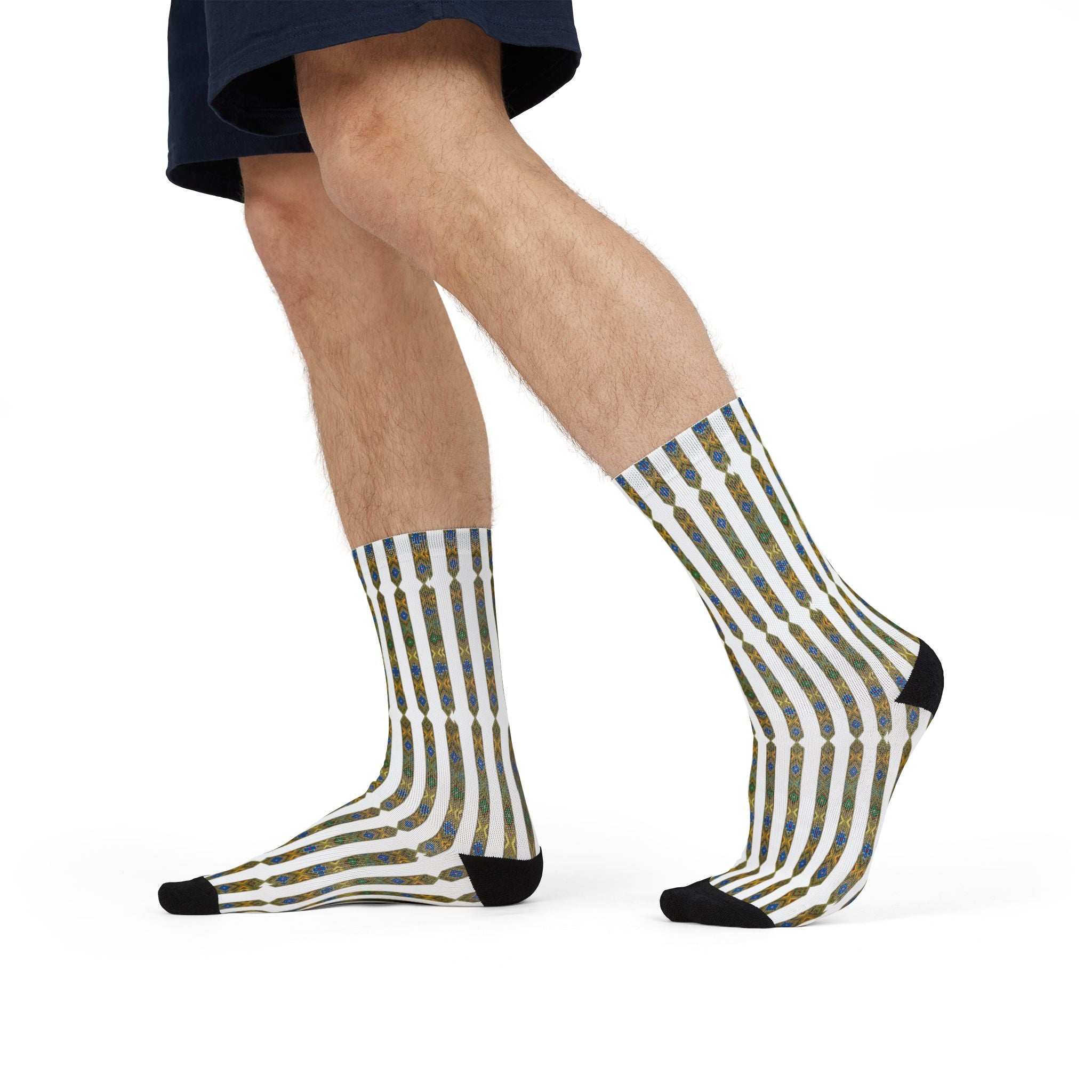 Striped Geometric Crew Socks — Blue & Gold Sublimation Pattern