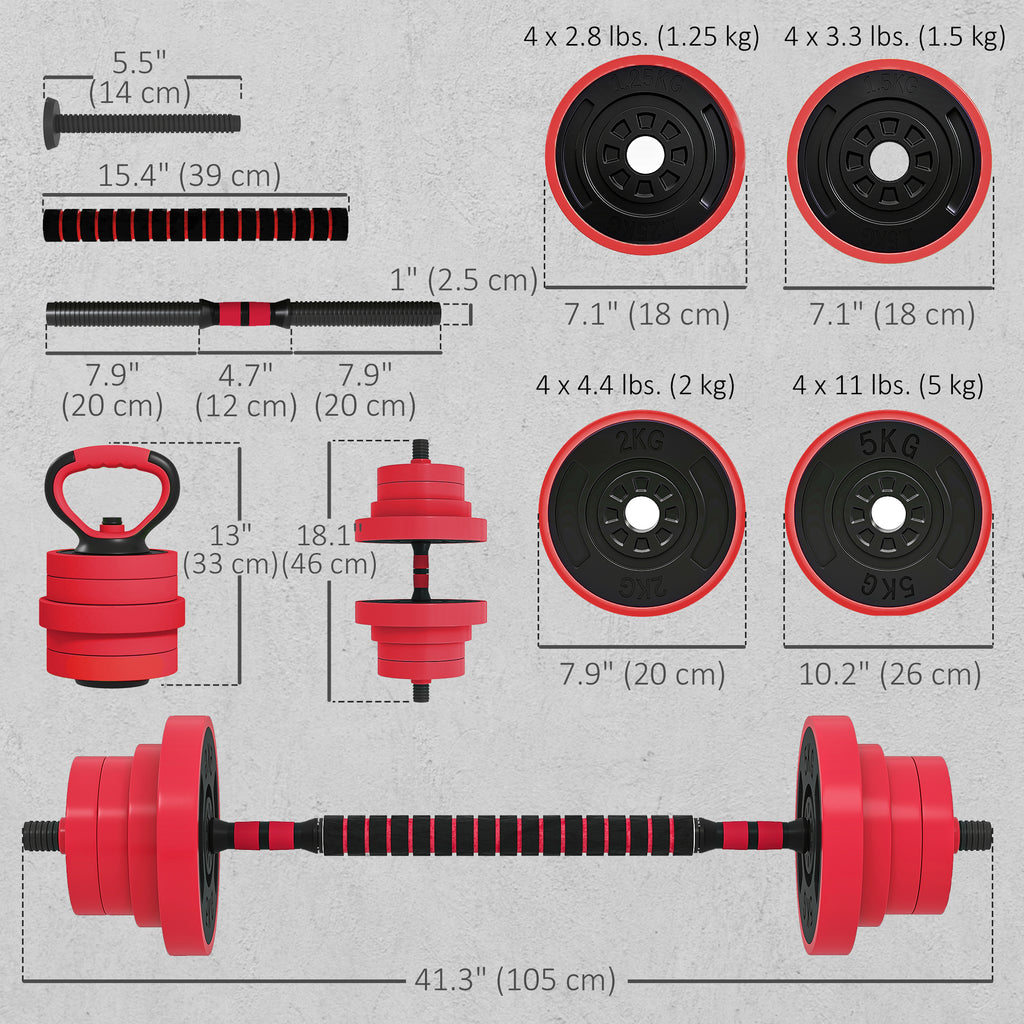 Soozier 66lbs 4-in-1 Adjustable Weight Dumbbell Set, Barbell, Kettlebell, Push Up Stand, Red