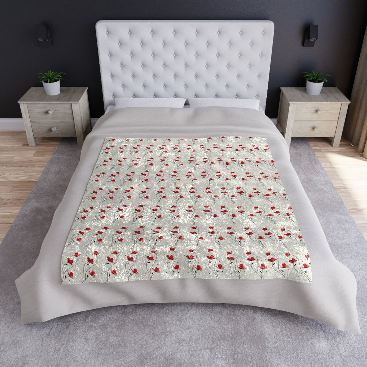 Crushed Velvet Blanket - Cozy Silver Throw with Red Berry Pattern, Holiday Decorative Throw Blanket