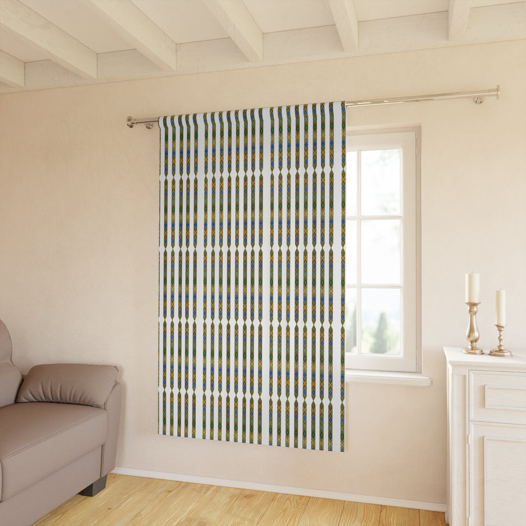 Striped Boho Window Curtain — Blue, Olive & Mustard Vertical Pattern