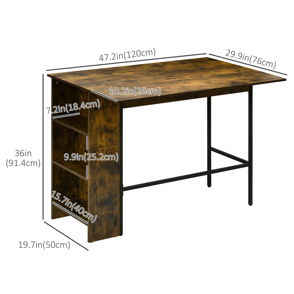 Counter Height Table with Drop Leaf, Extendable Bar Table with Adjustable Storage Shelf, Rustic Brown