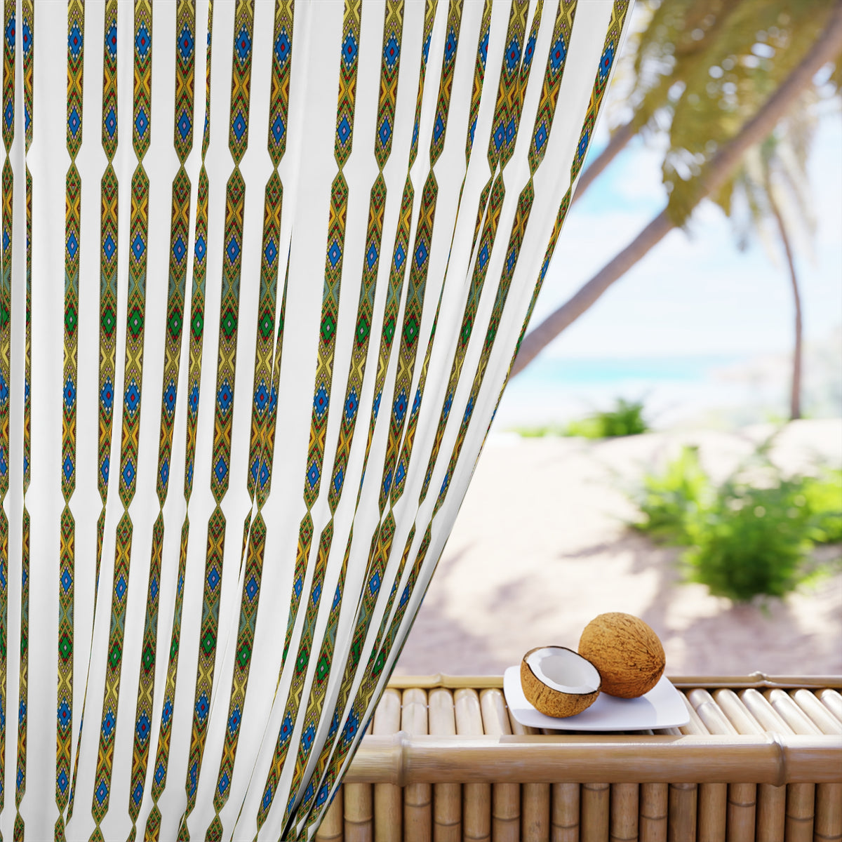Striped Boho Window Curtain — Blue, Olive & Mustard Vertical Pattern