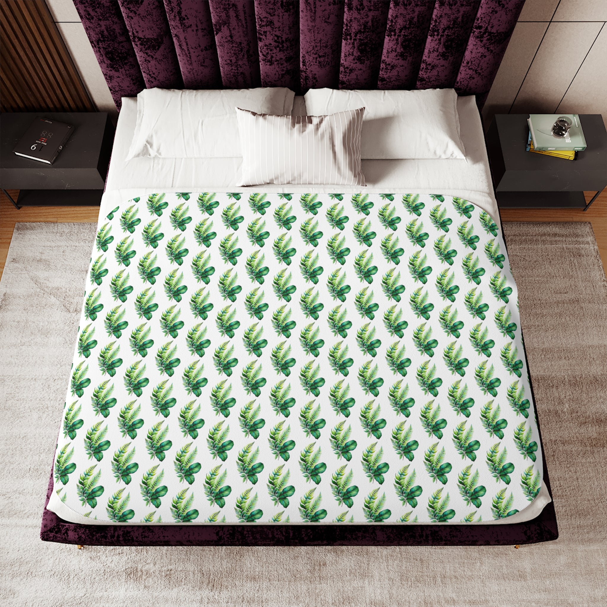 Tropical Palm Sherpa Blanket – Reversible Cozy Throw with Green Leaf Pattern