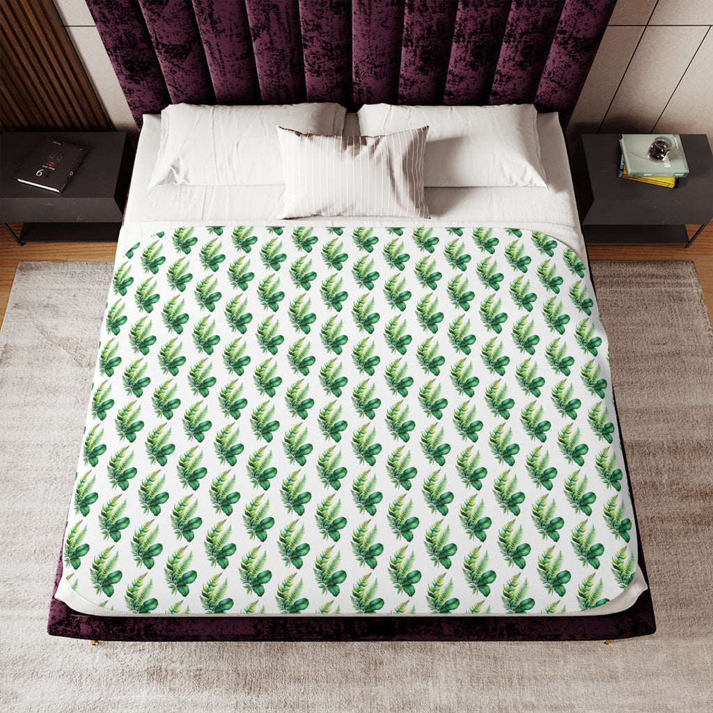 Tropical Palm Sherpa Blanket – Reversible Cozy Throw with Green Leaf Pattern