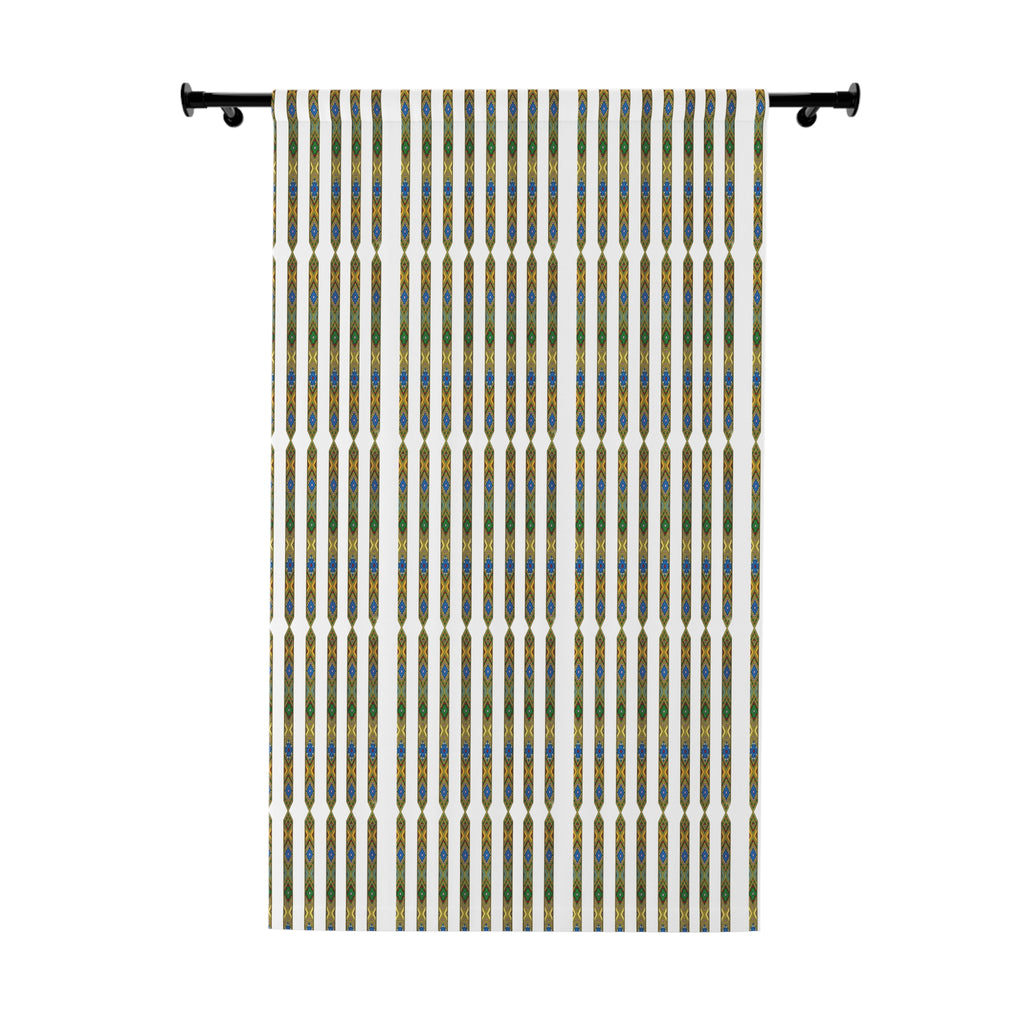 Striped Boho Window Curtain — Blue, Olive & Mustard Vertical Pattern
