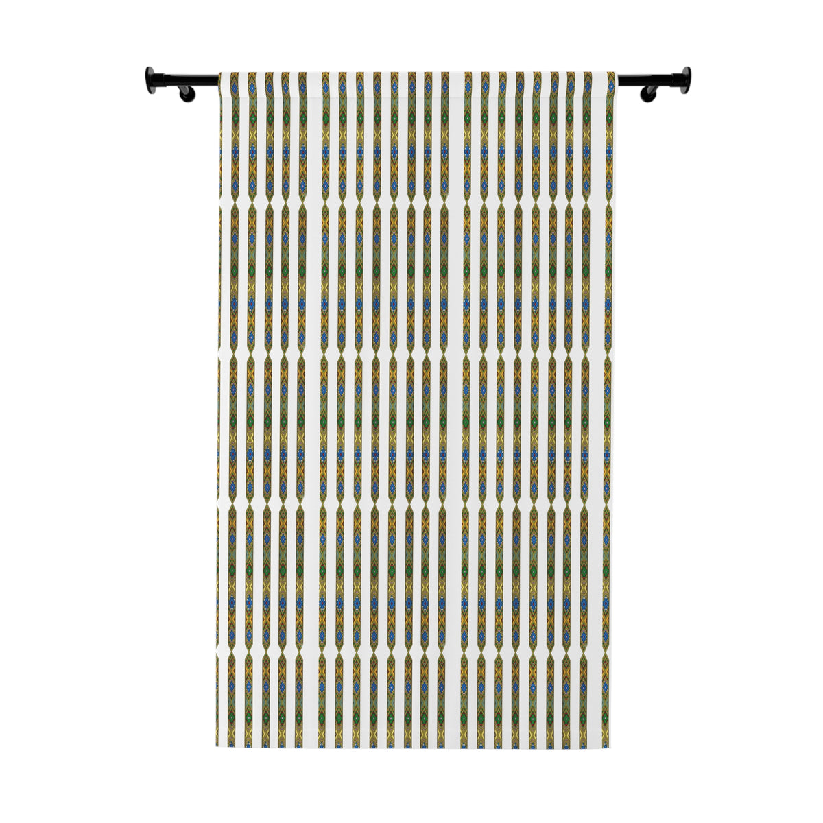 Striped Boho Window Curtain — Blue, Olive & Mustard Vertical Pattern
