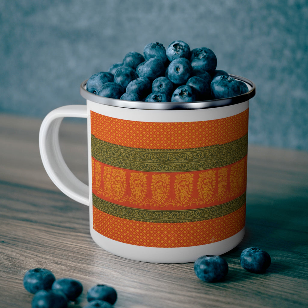 Enamel Camping Mug — Autumn Paisley Orange & Olive Retro Camp Mug