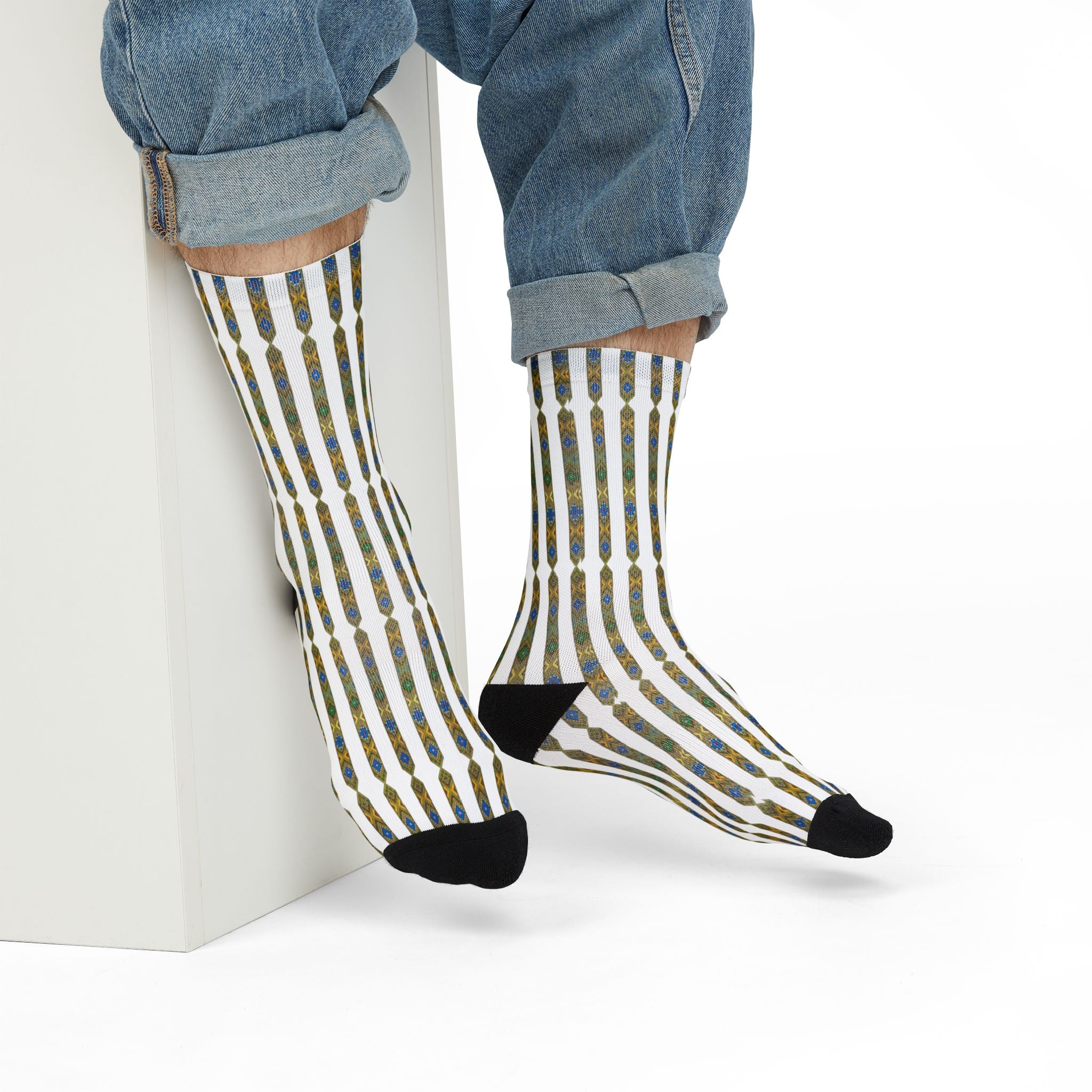 Striped Geometric Crew Socks — Blue & Gold Sublimation Pattern