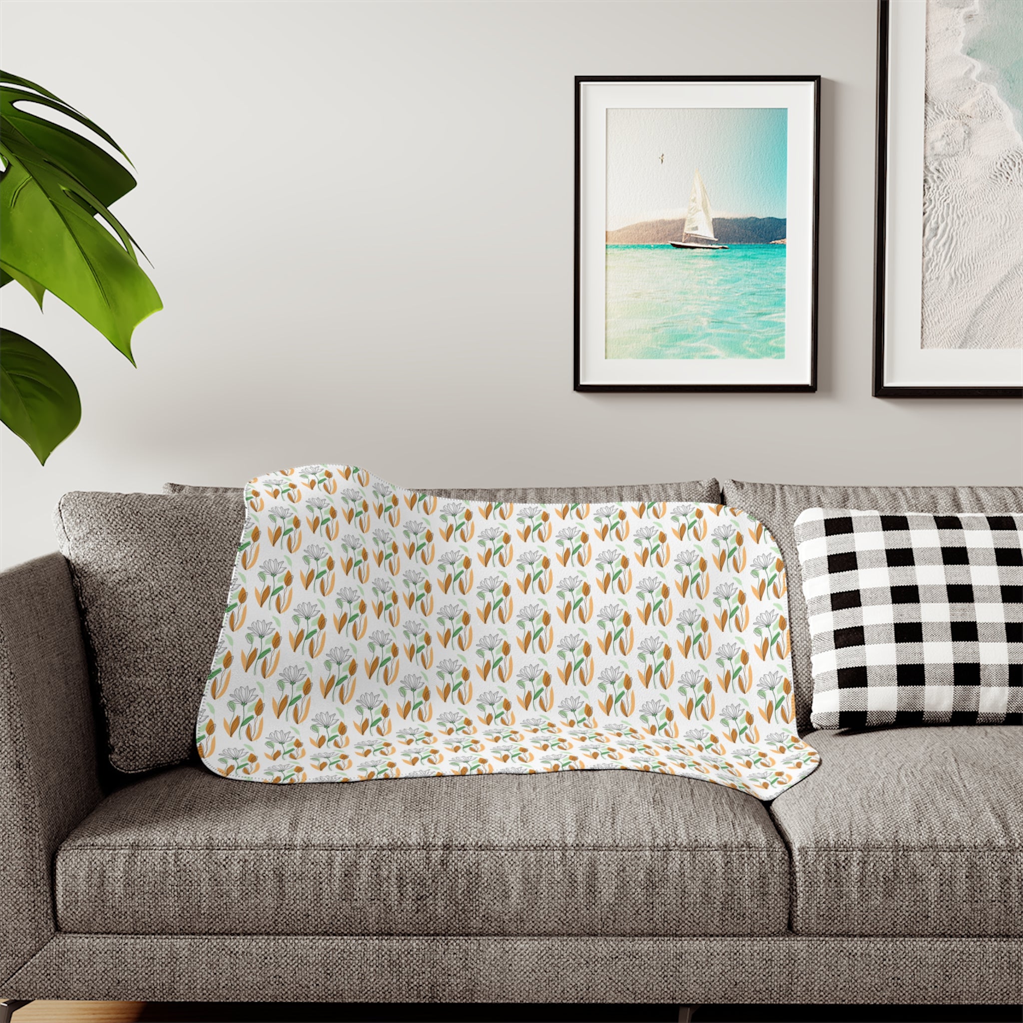 Boho Floral Sherpa Blanket — Cozy Neutral Floral Throw