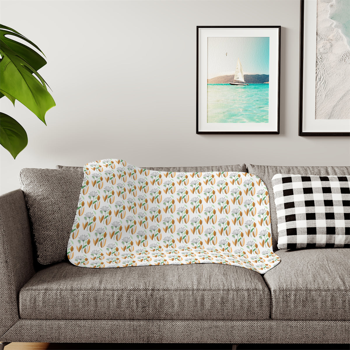 Boho Floral Sherpa Blanket — Cozy Neutral Floral Throw