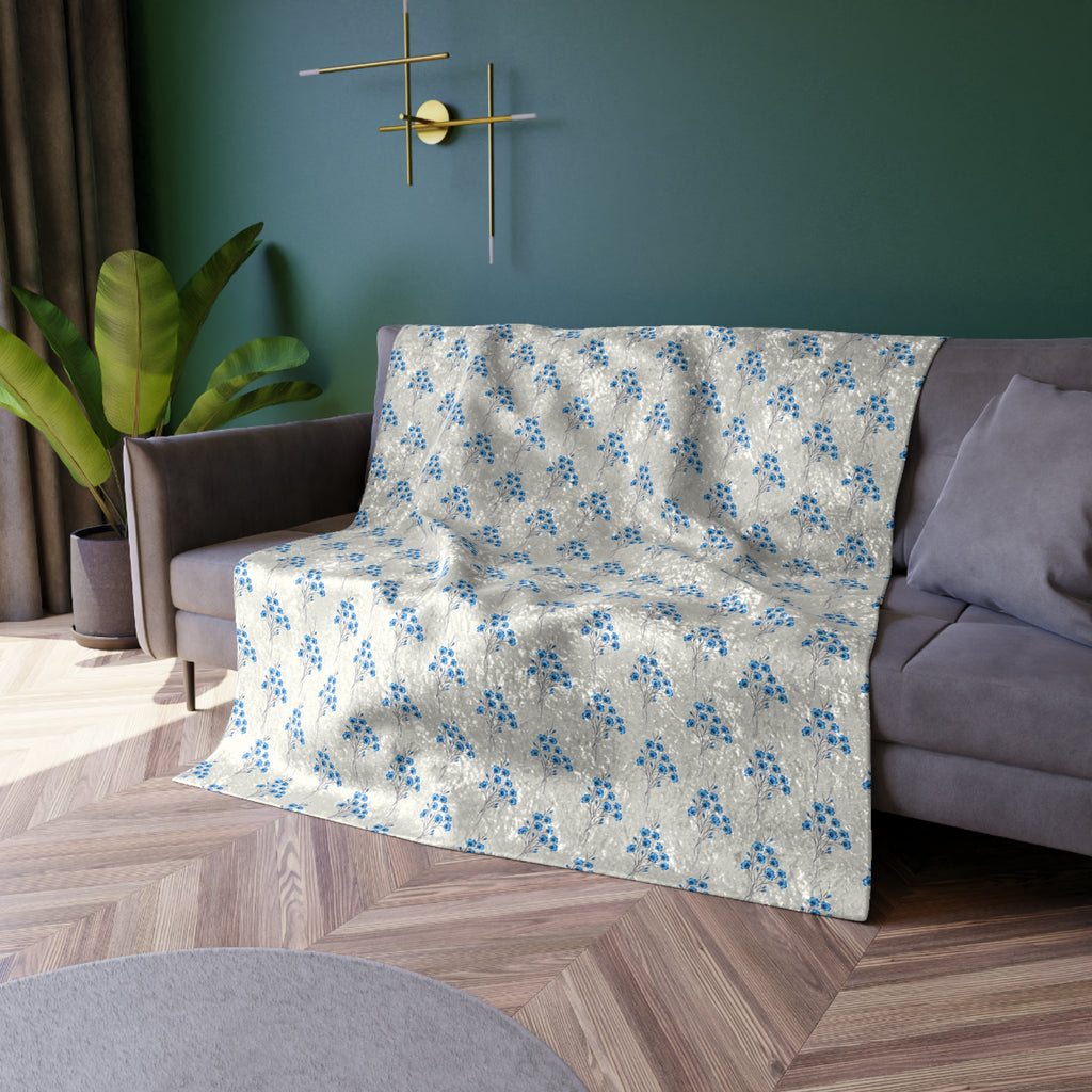 Crushed Velvet Blanket — Blue Floral Pattern Plush Throw