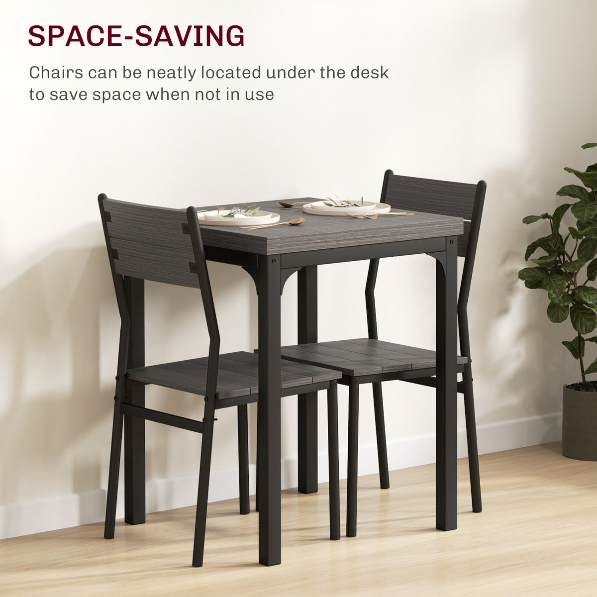 Dining Table Set for 2, 3 Piece Kitchen Table and Chairs with Metal Legs for Small Spaces, Grey Wood Effect