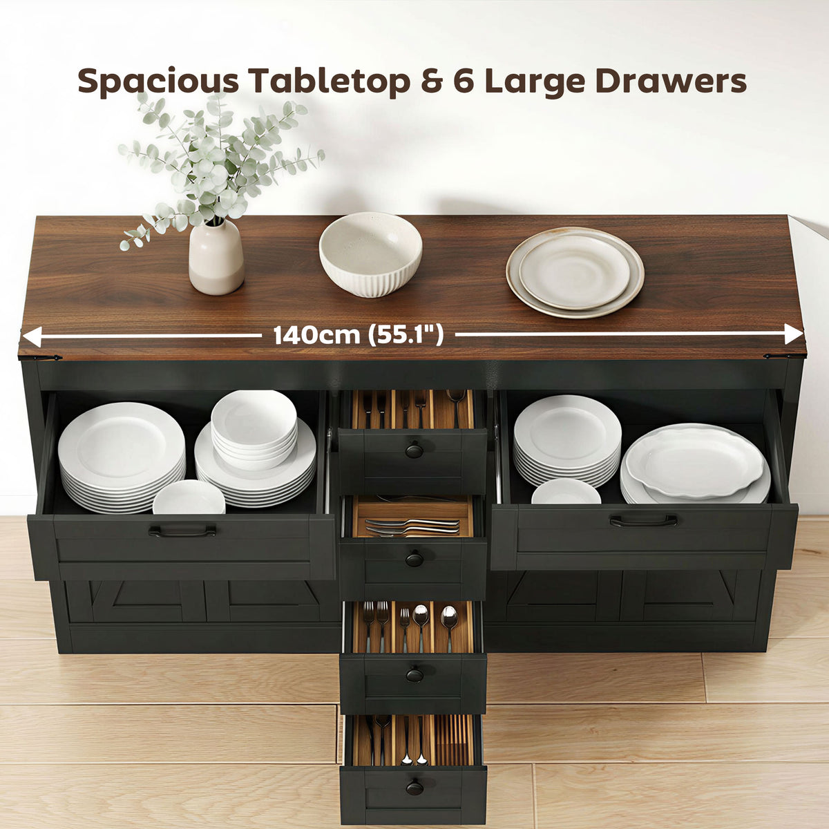 Sideboard Buffet Cabinet, 55" Farmhouse Kitchen Cabinet with 4 Barn Doors, 6 Drawers and 2 Adjustable Shelves, White