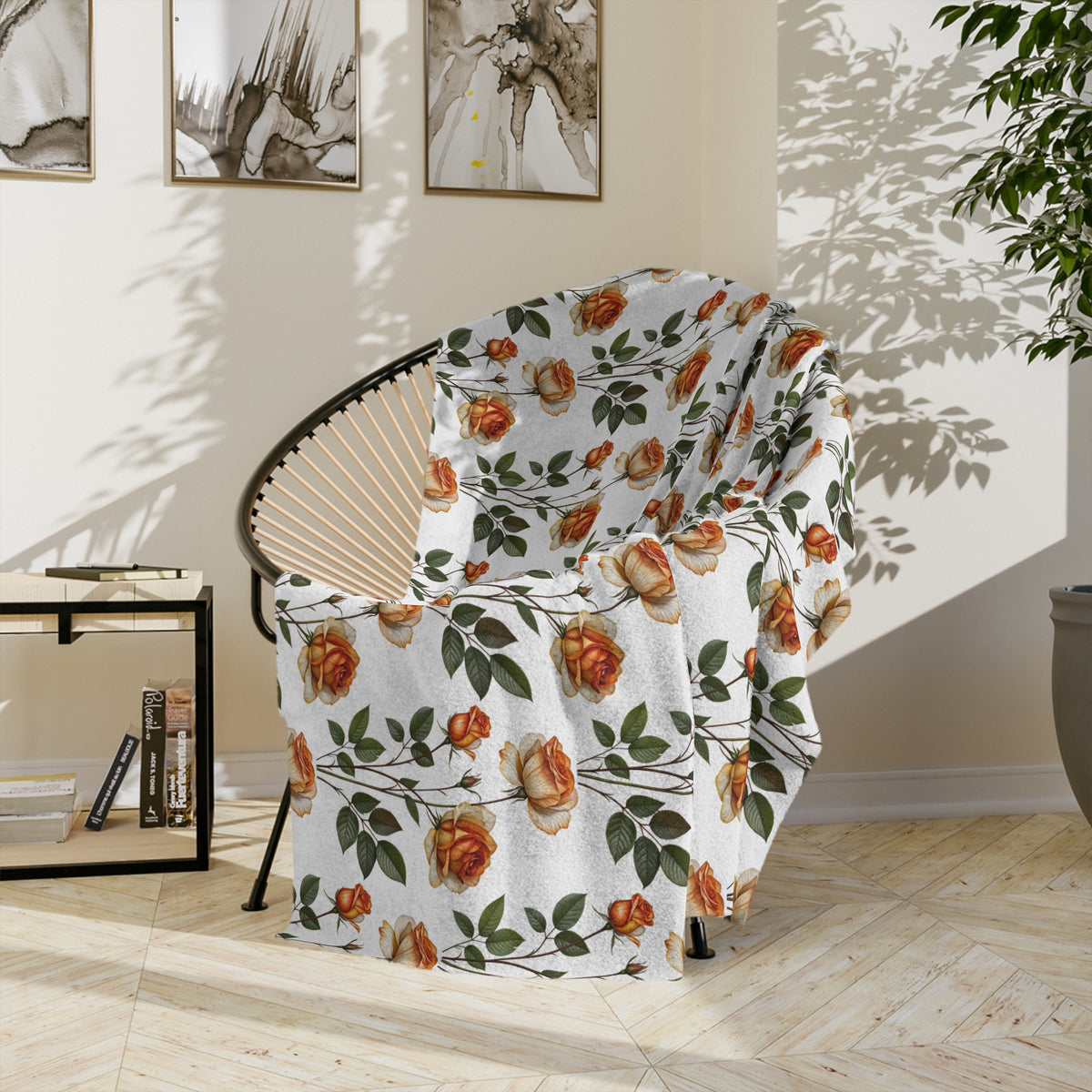 Floral Velveteen Blanket — Vintage Orange Rose Microfiber Throw