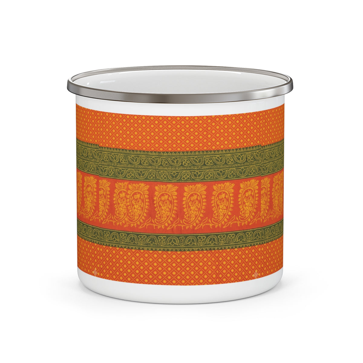Enamel Camping Mug — Autumn Paisley Orange & Olive Retro Camp Mug