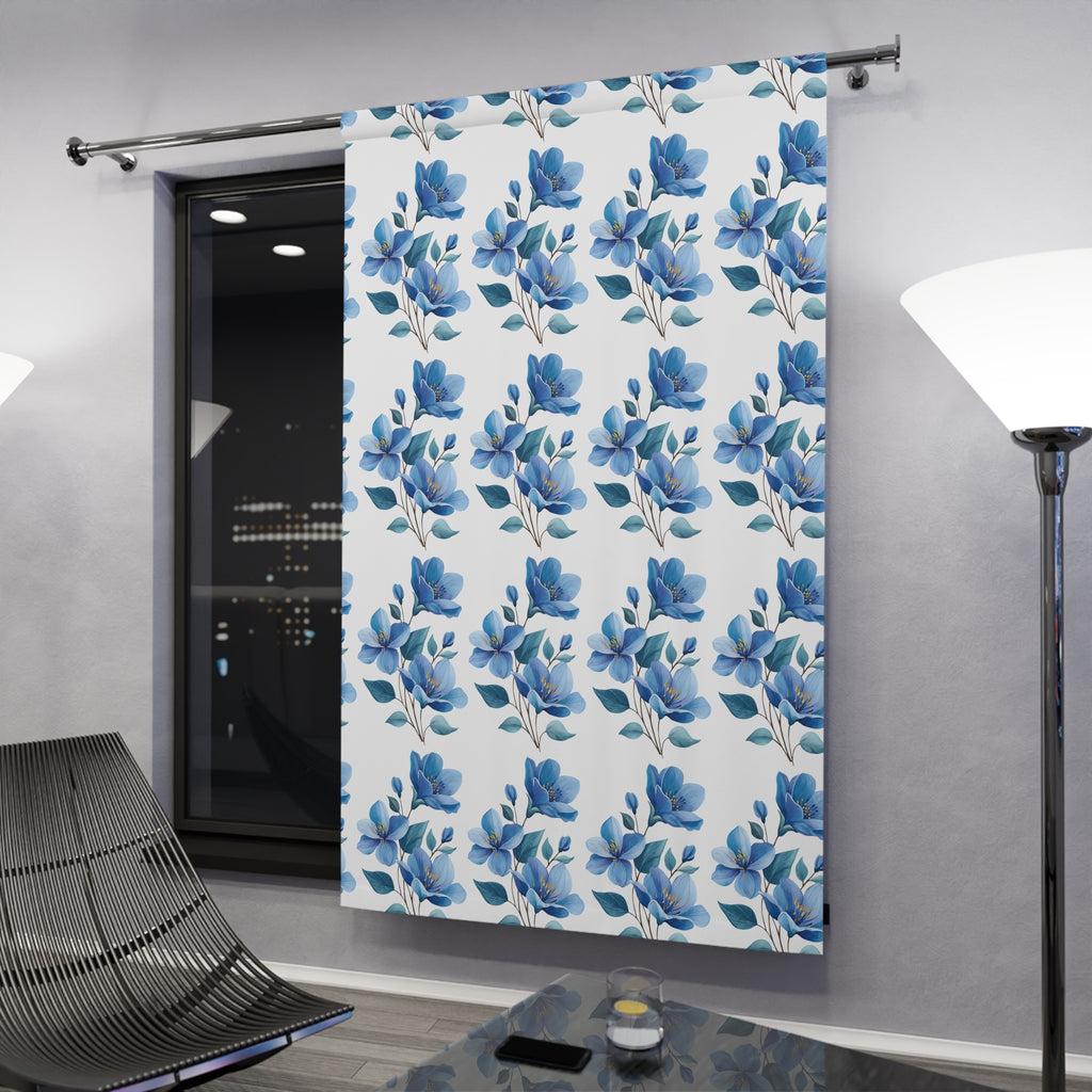 Blue Watercolor Floral Curtain Panel — Single Window Drapery for Living Room & Bedroom
