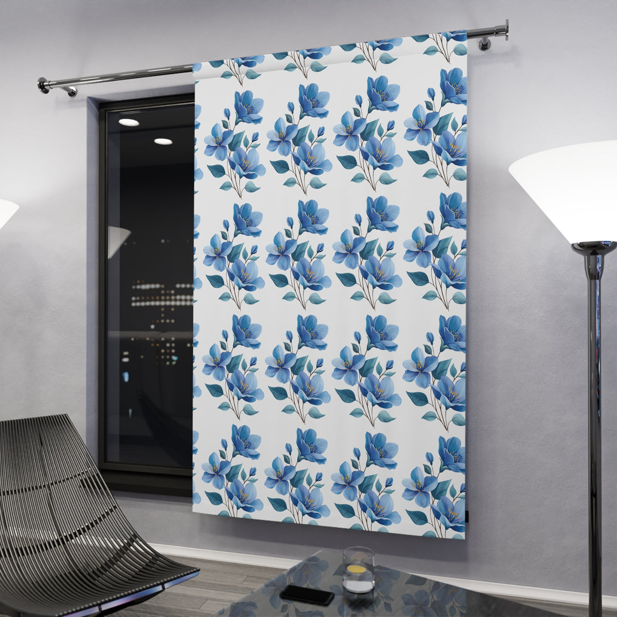Blue Watercolor Floral Curtain Panel — Single Window Drapery for Living Room & Bedroom