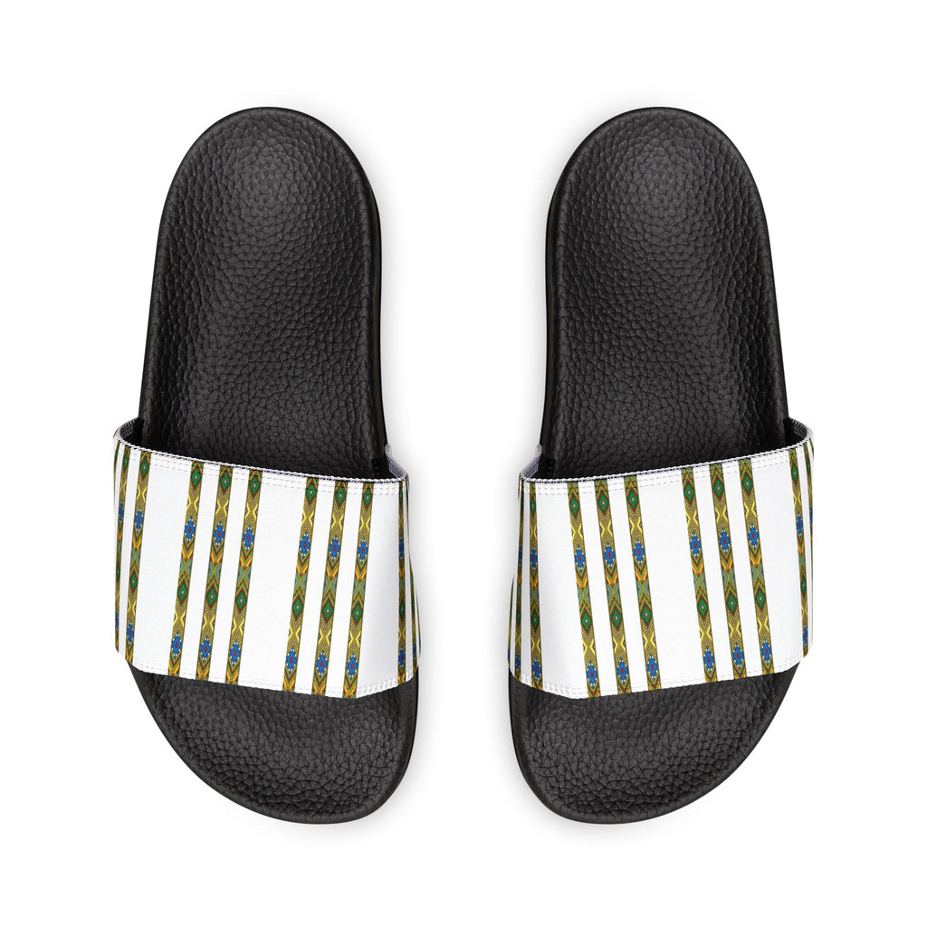 Slide Sandals — Striped Green Blue Marble Removable Strap Slides