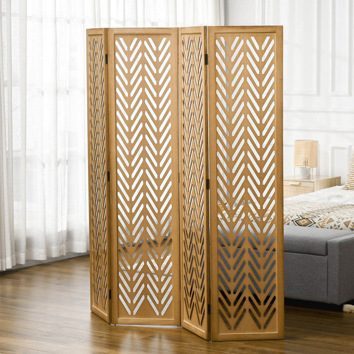 3 Panel Room Divider, 5.6ft Tall Wood Folding Privacy Screens, Freestanding Partition Wall Dividers, Light Brown
