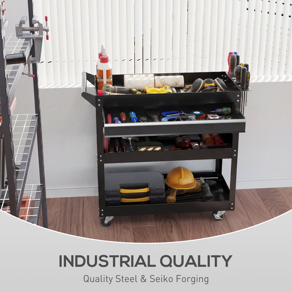 Tool Cart on Wheels, Utility Cart with Wheels, Ball Bearing Drawer, Storage Trays for Garage, Warehouse, Black