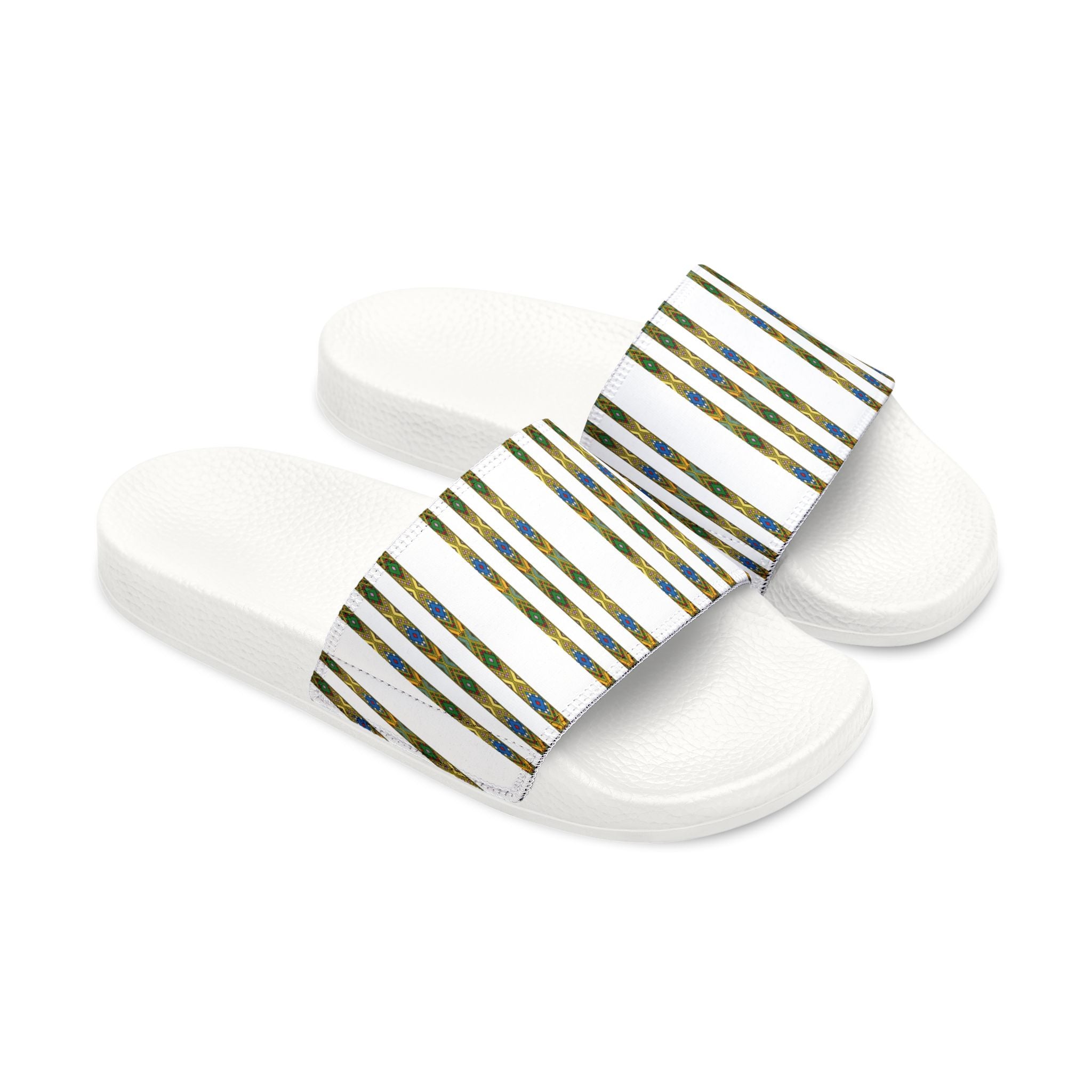 Slide Sandals — Striped Green Blue Marble Removable Strap Slides