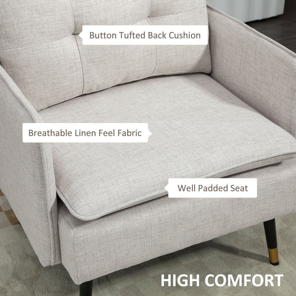 Accent Chair, Upholstered Armchair with Tufted Back Cushion and Steel Legs for Living Room, Bedroom, Cream White