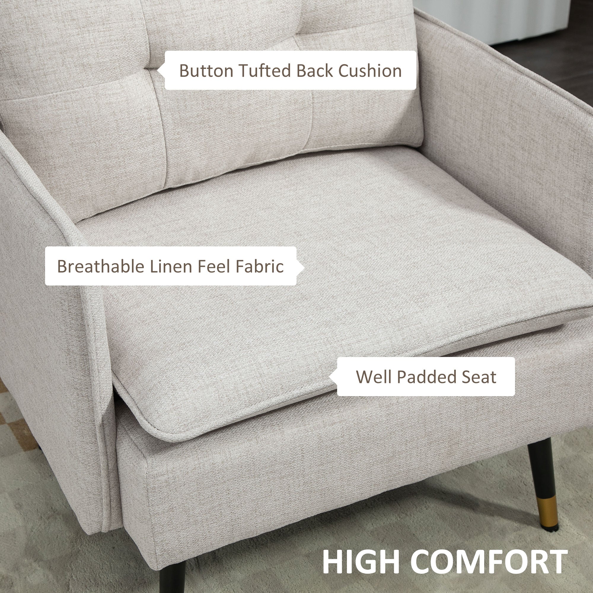 Accent Chair, Upholstered Armchair with Tufted Back Cushion and Steel Legs for Living Room, Bedroom, Cream White