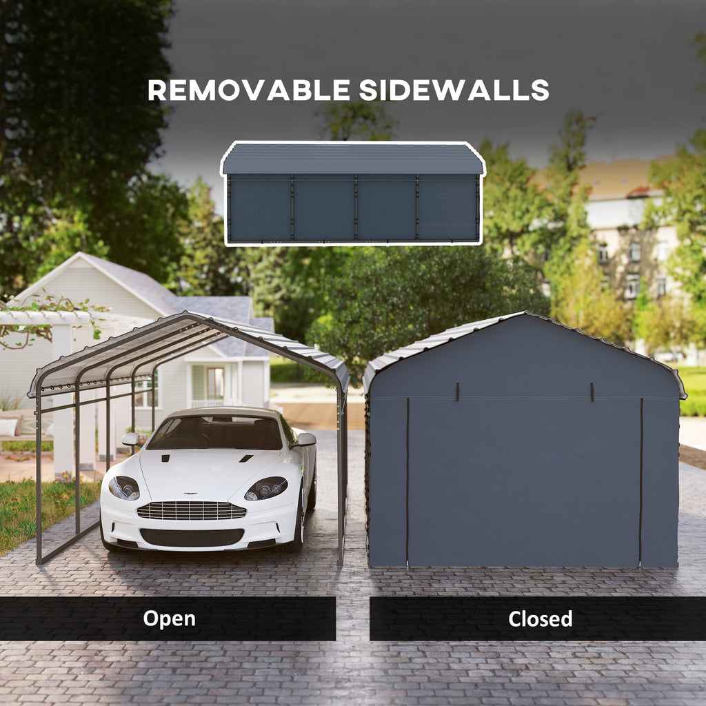 10' x 15' Metal Carport, Heavy Duty Garage Car Shelter with Galvanized Metal Roof and Removable Sidewalls, Dark Grey