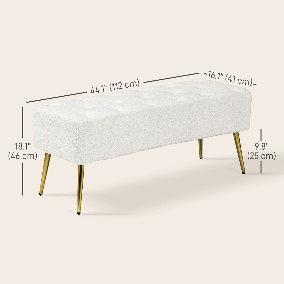 44" Lamb's Wool-Feel Upholstered Bedroom Bench, End of Bed Bench with Thick Padded Cushion and Steel Legs, Cream White