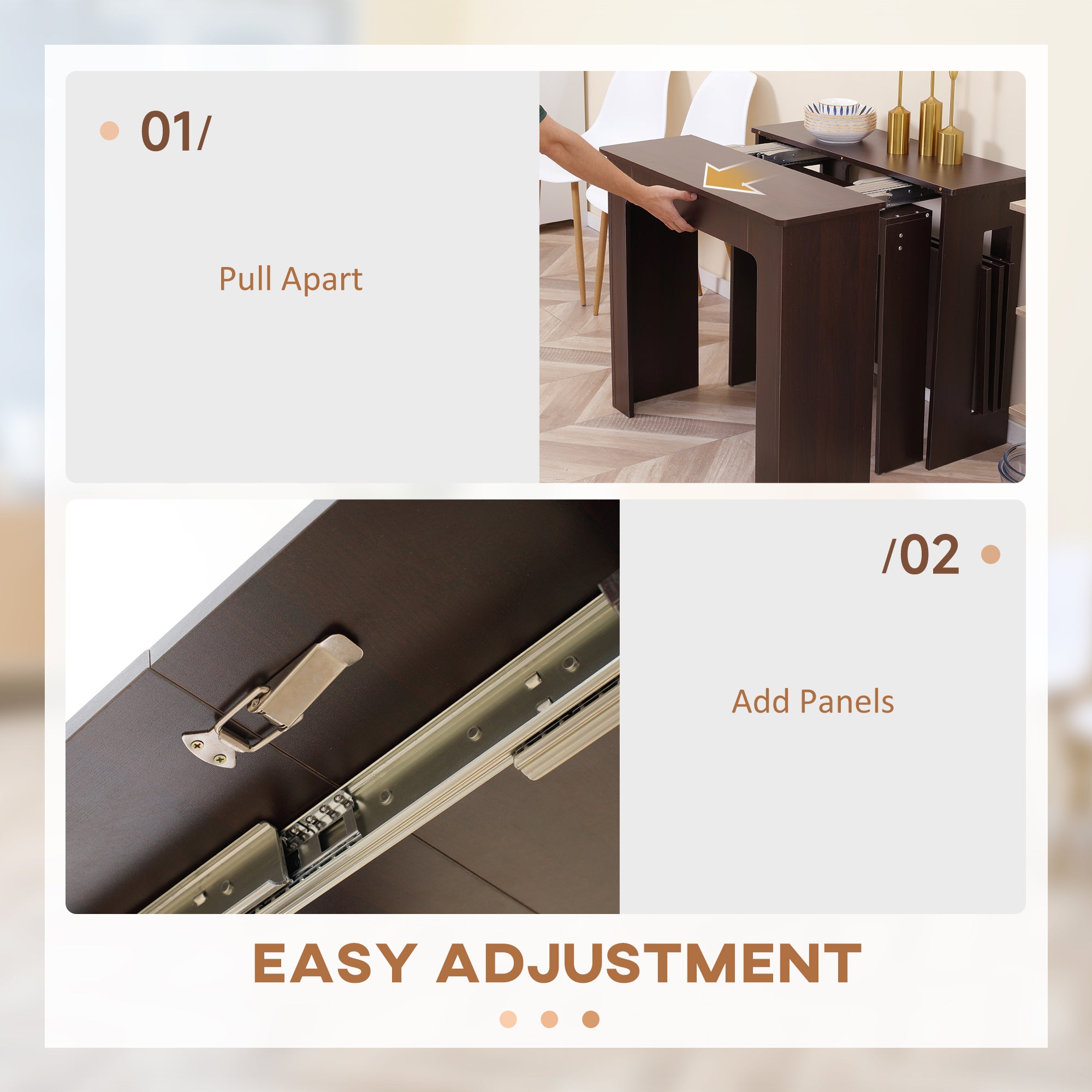 Extendable Dining Table, Expandable Kitchen Table for Small Spaces, Seats up to 6 People, Dark Brown