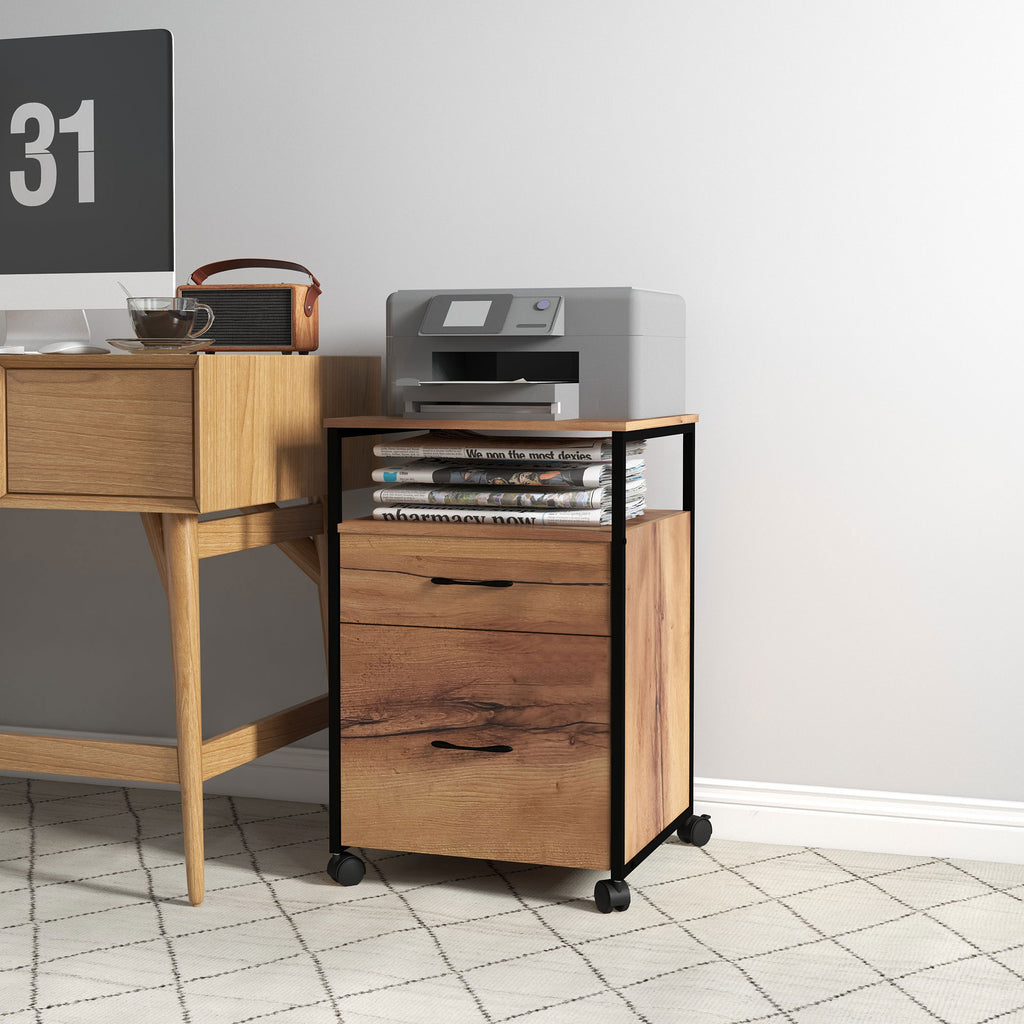Vertical Filing Cabinet with Wheels, 26.2" Tall File Cabinet with 2 Drawers, Open Shelf, Hanging Bars for Letter and A4, Industrial Home Office Printer Stand, Rustic Brown
