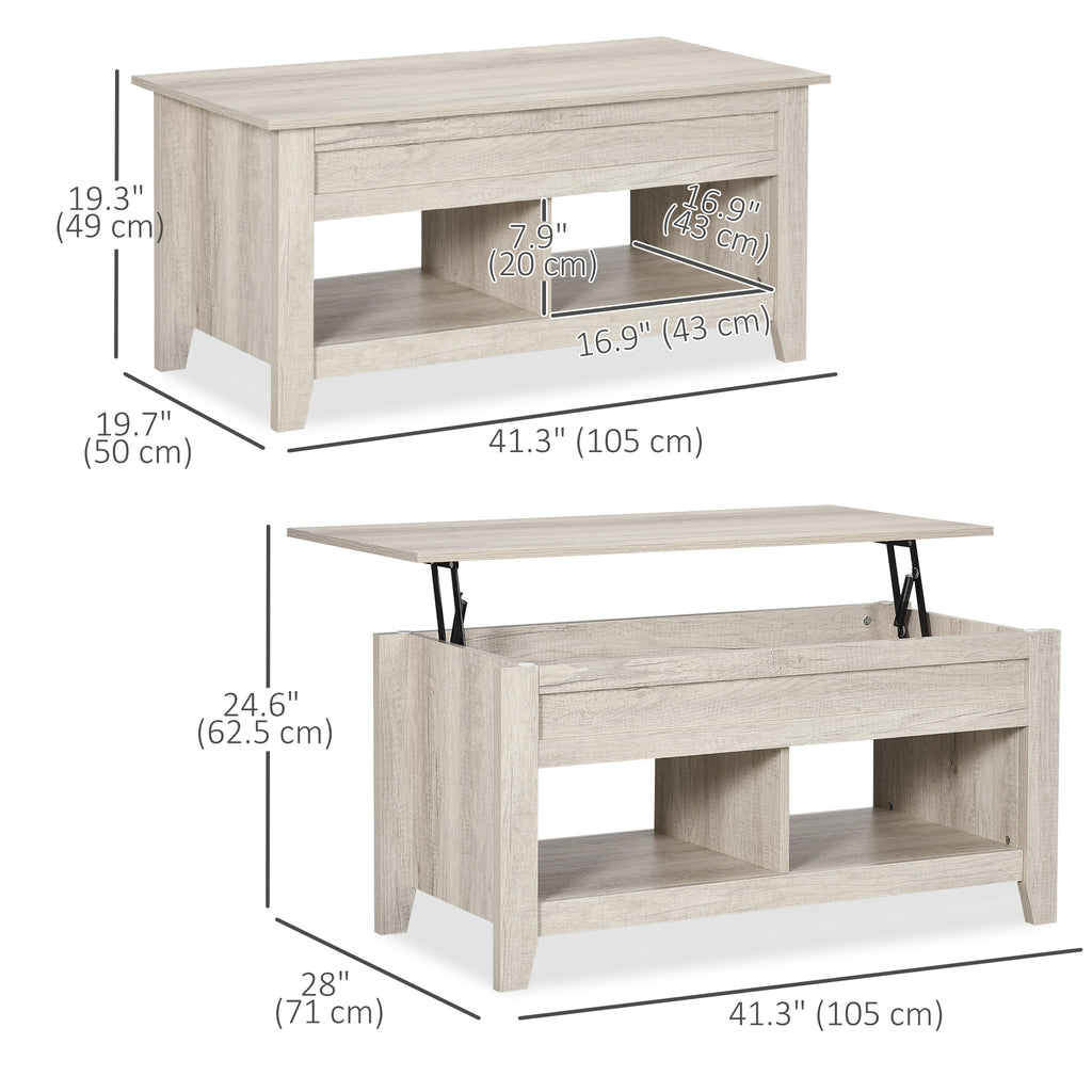 Lift Top Coffee Table with Hidden Storage Compartment and Open Shelves, Lift Tabletop Pop-Up Center Table for Living Room, Oak Effect