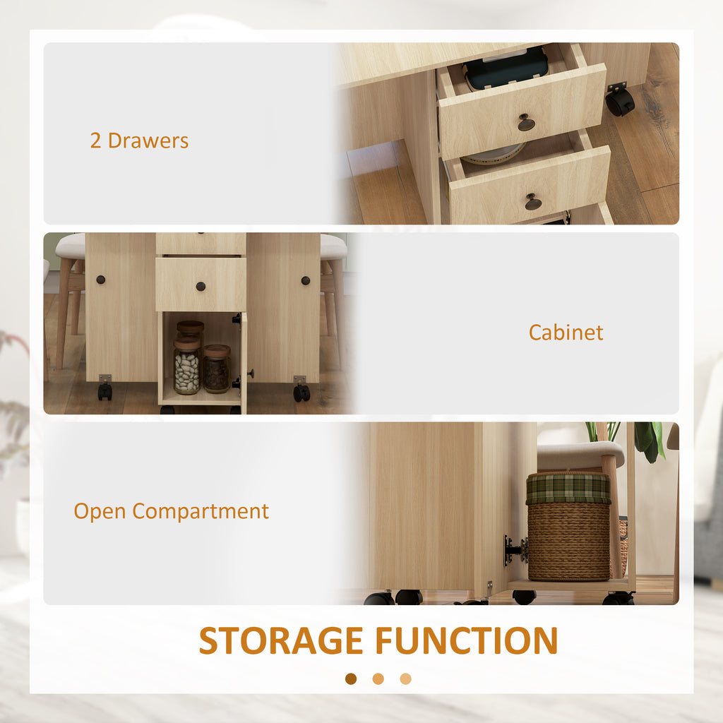 Drop Leaf Dining Table, Mobile Folding Table on Wheels with Drawers and Cabinet for Dining Room, Kitchen, Natural Wood