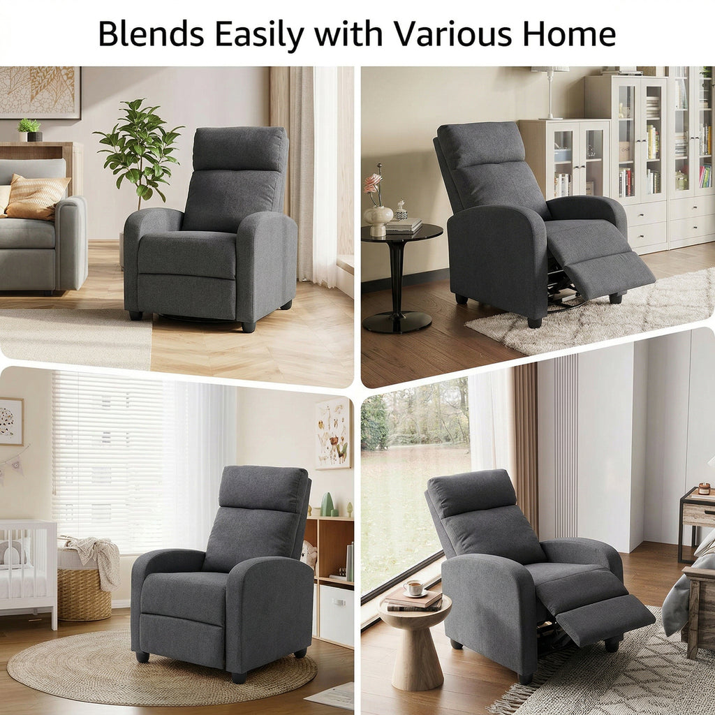 Fabric Recliner Sofa Manual Recliner, Home Theater Seating Single Reclining Sofa Chair with Padded Seat for Living Room, Dark Grey