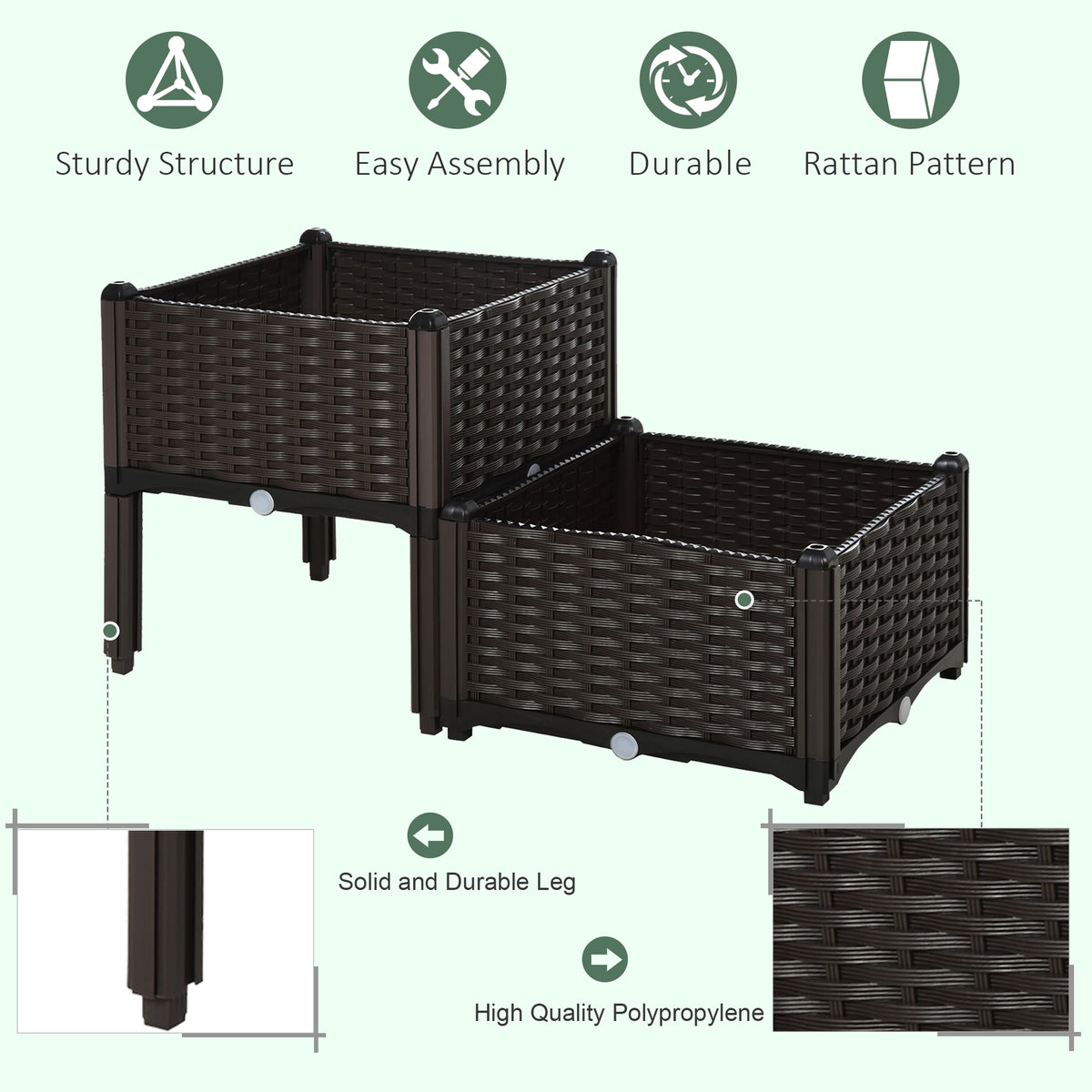 4 Piece Raised Garden Bed PP Raised Flower Bed Vegetable Herb Grow Box Stand Brown