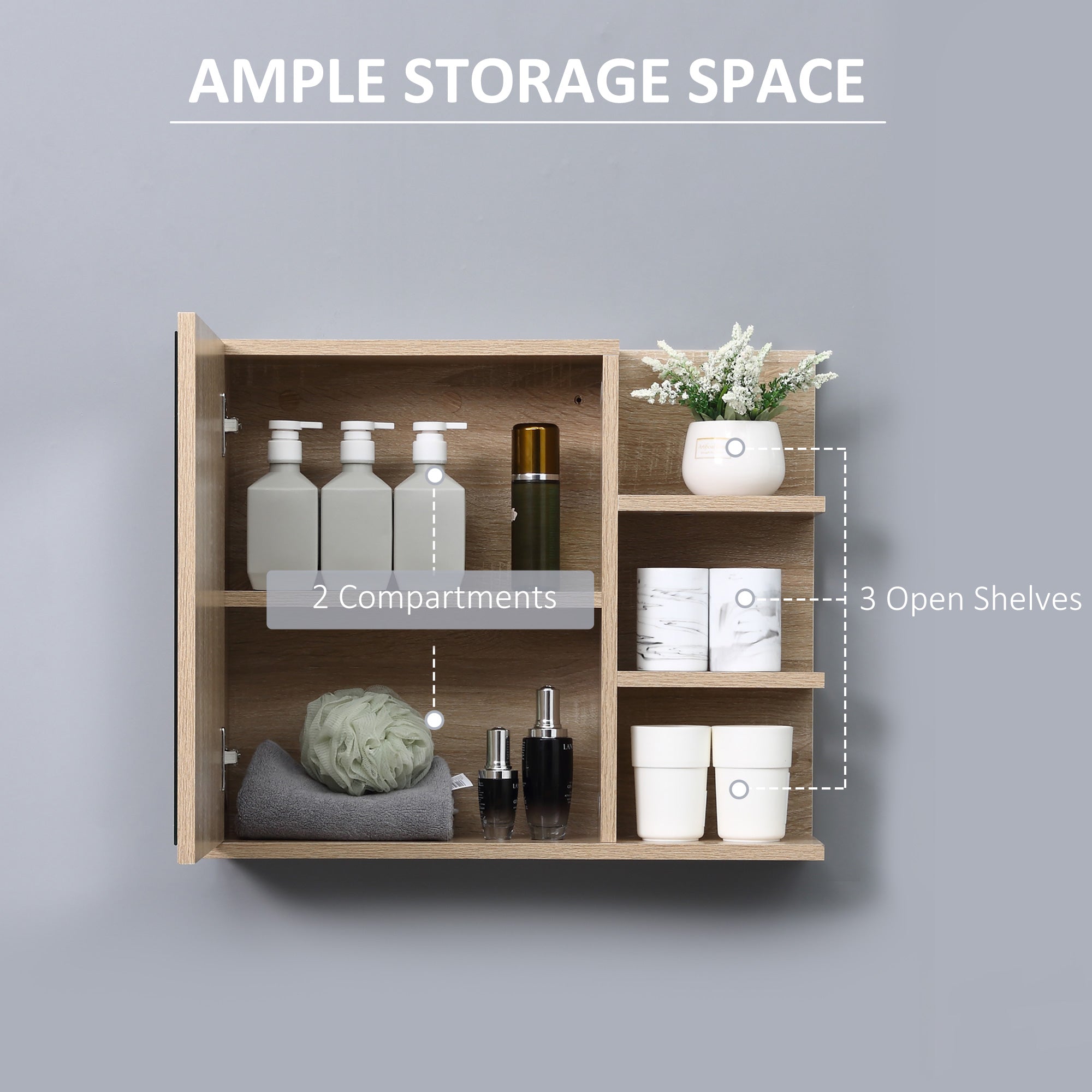 Medicine Cabinet with Mirror, Wall Mounted Bathroom Mirror Cabinet, Bathroom Wall Cabinet with 3 Open Shelves, Natural