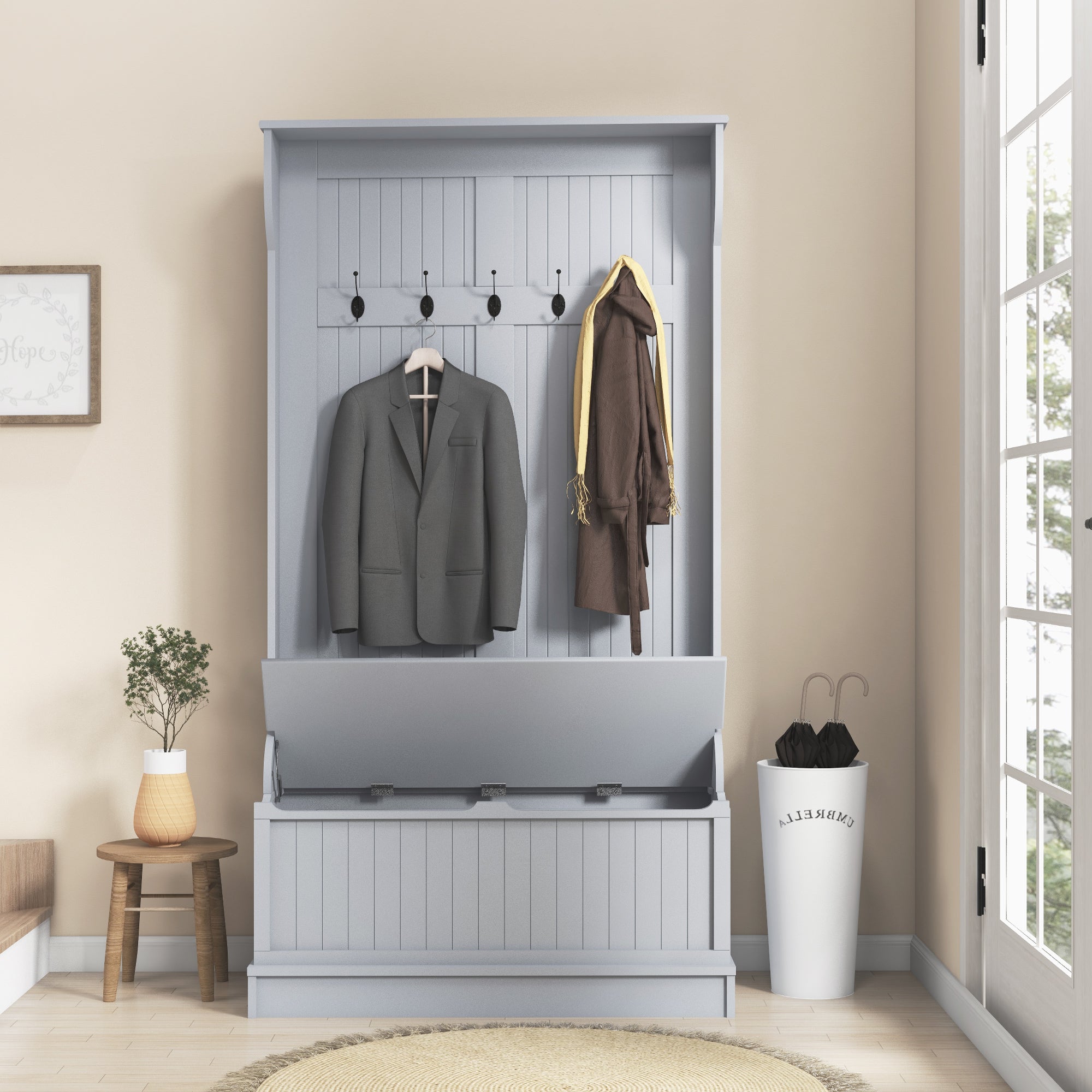 4-In-1 Hall Tree with Coat Rack, Top Shelf, Shoe Storage and Bench Seat, Entryway Bench with 4 Hooks