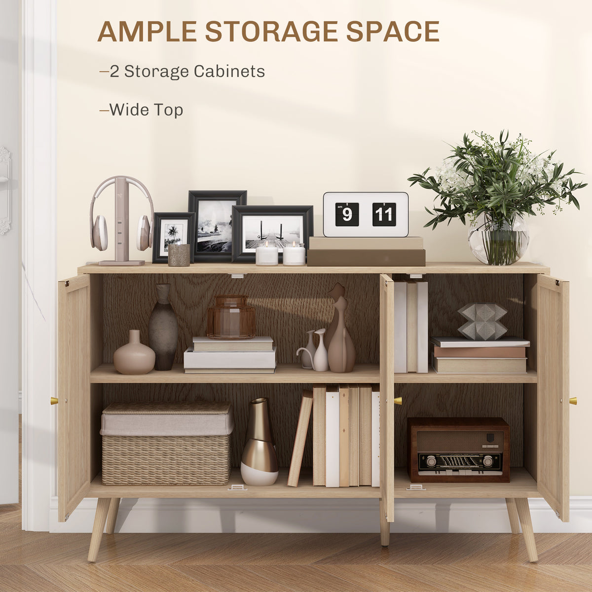 Kitchen Sideboard Cabinet, Boho Storage Cabinet with Shelves, Wood Legs, Decorative Rattan Doors, Natural