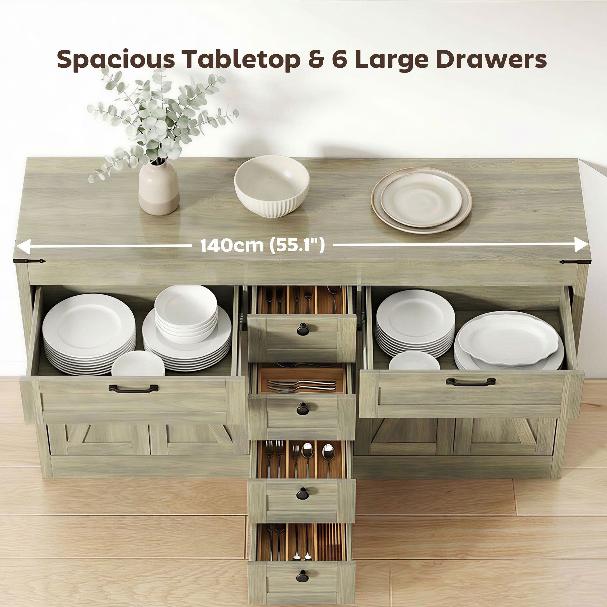 Sideboard Buffet Cabinet, 55" Farmhouse Kitchen Cabinet with 4 Barn Doors, 6 Drawers and 2 Adjustable Shelves, White