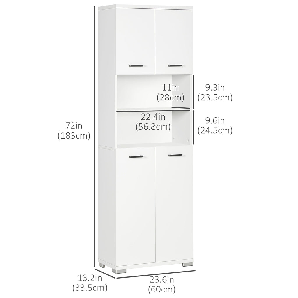 Bathroom Cabinet, Freestanding Linen Cabinet with Open Shelves and Cupboards, 23.6"x13.2"x72", White