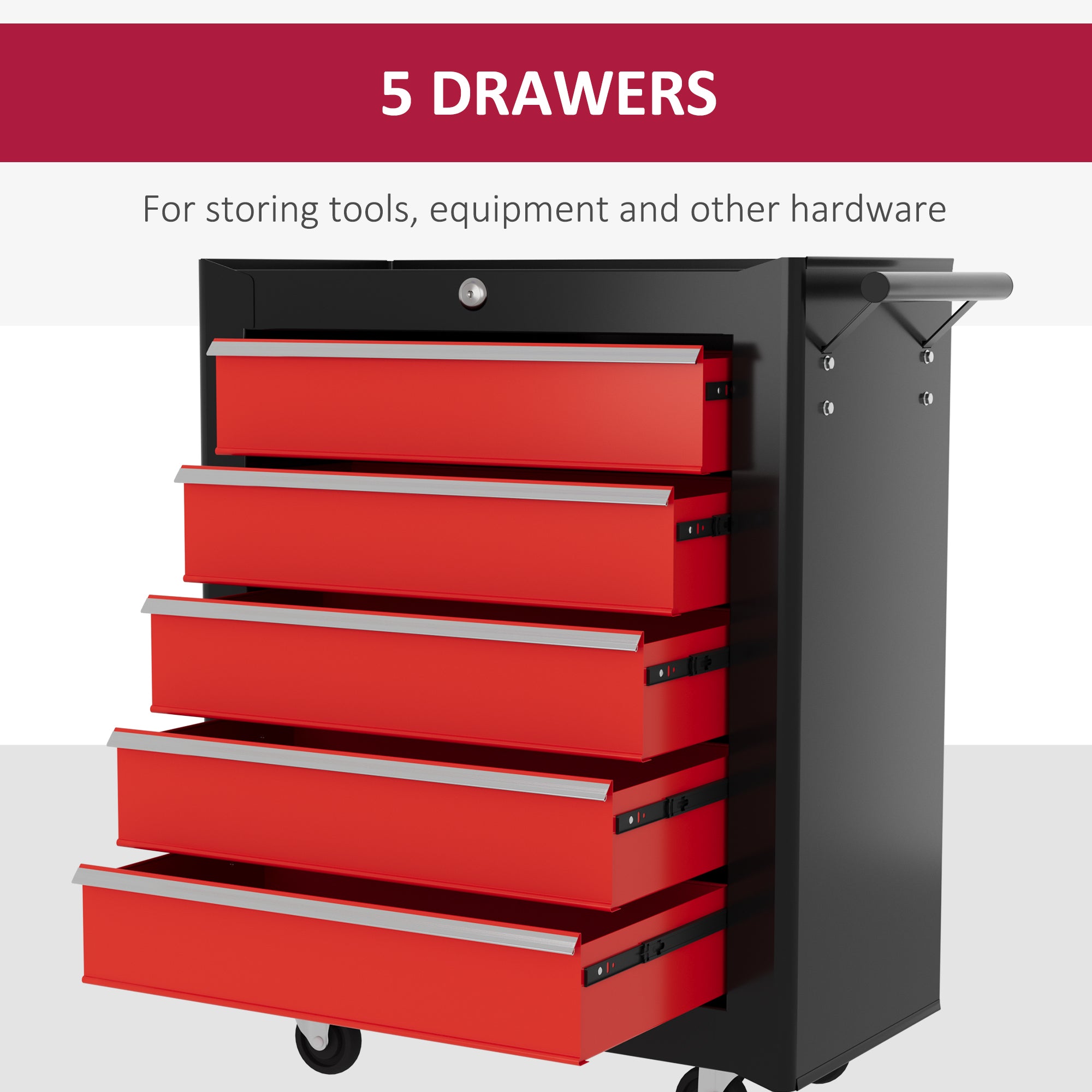 5 Drawer Roller Tool Chest, Lockable Toolbox, Storage Organizer with Handle for Workshop Mechanics Garage, Black and Red
