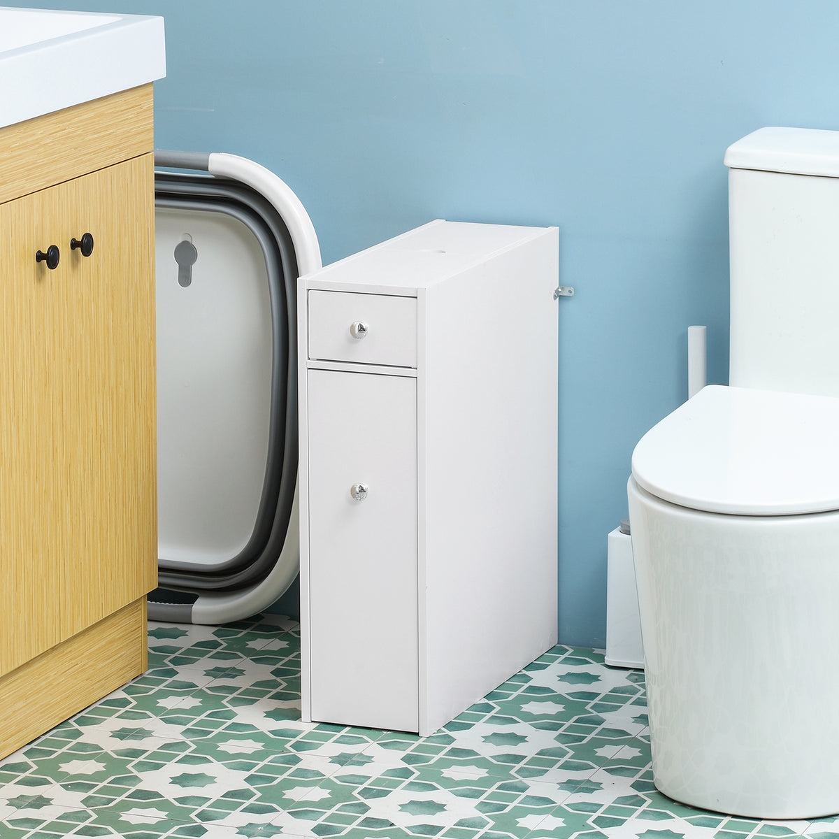 Space Saving Toilet Paper Cabinet, Narrow Bathroom Cabinet with Drawers and Hidden Storage, White