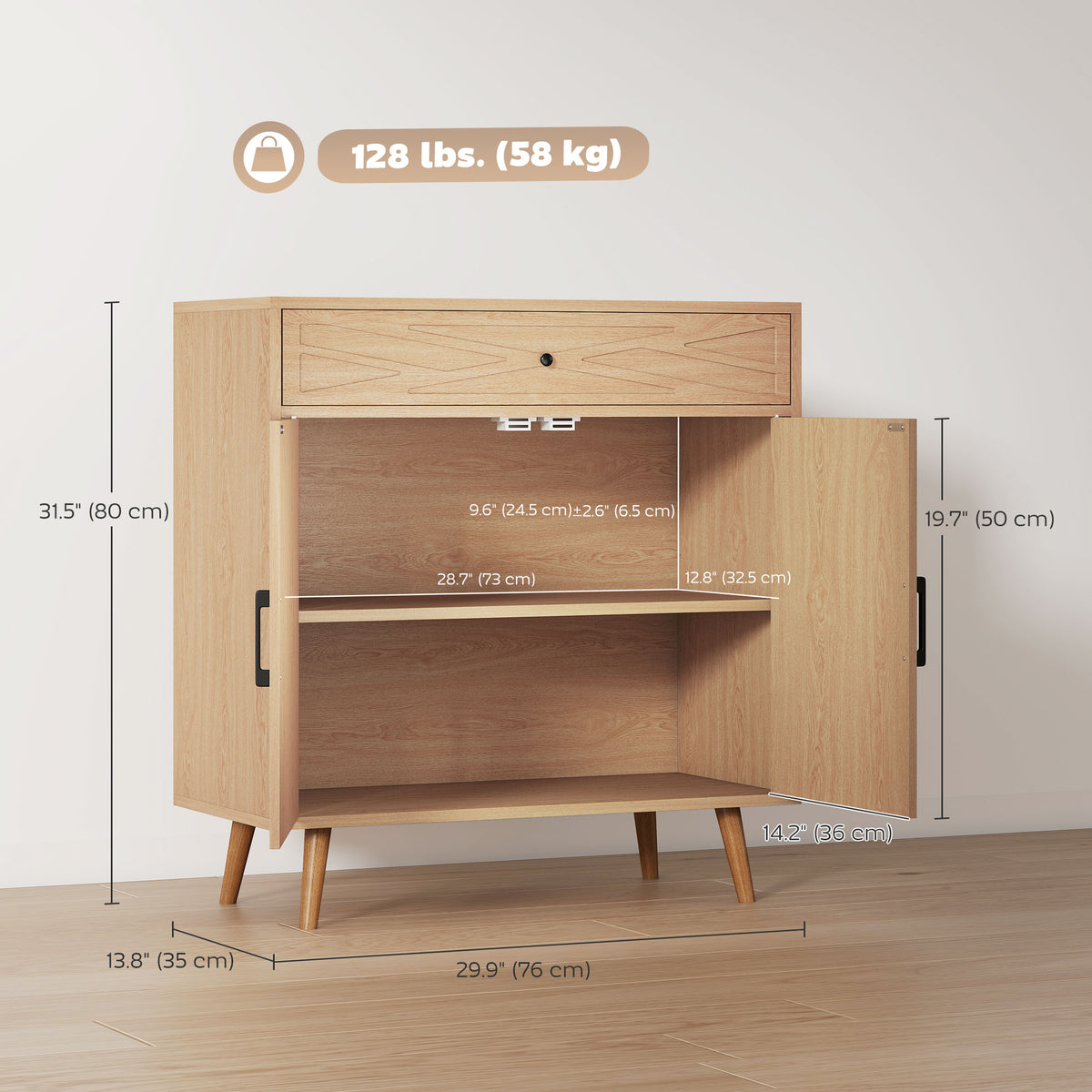 30" Sideboard with Patterned Doors, Buffet Cabinet with Drawer and Cabinet for Dining Room, Oak