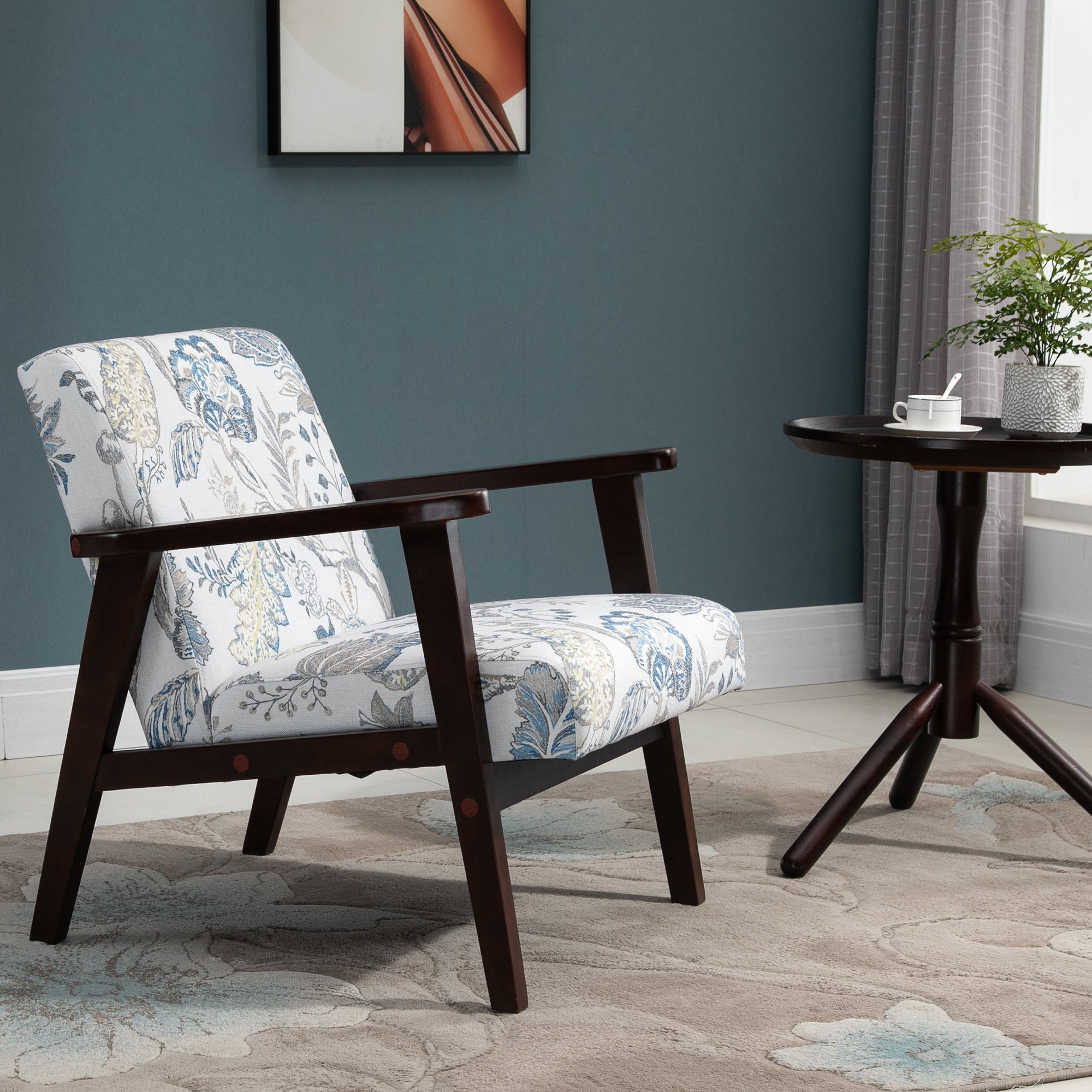 Mid-Century Modern Accent Chair Retro Fabric Armchair Wooden Arm Upholstered Lounge Chair for Living Room Floral