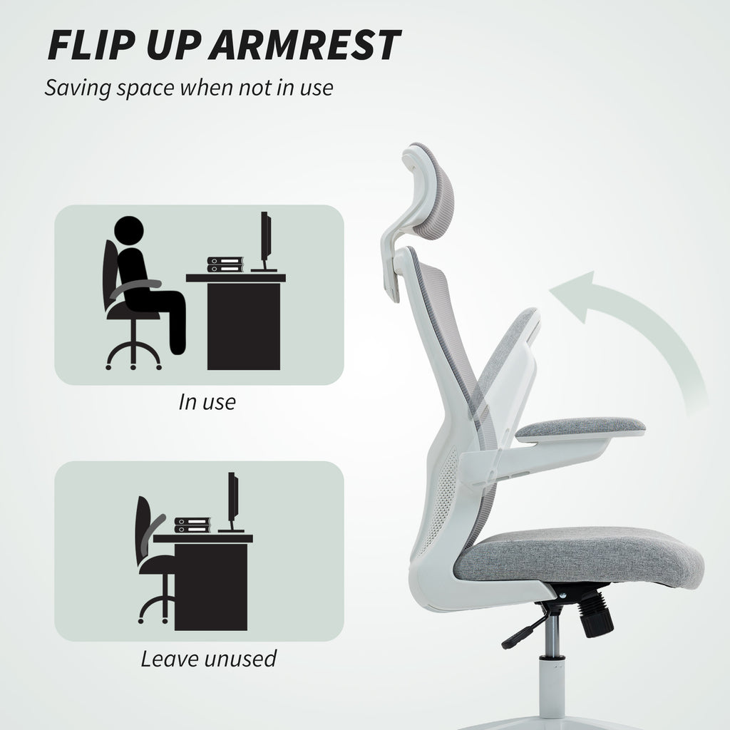 Ergonomic Office Chair, Swivel Desk Chair with Adjustable Lumbar Support, Headrest and Height, Flip-up Armrests, Grey