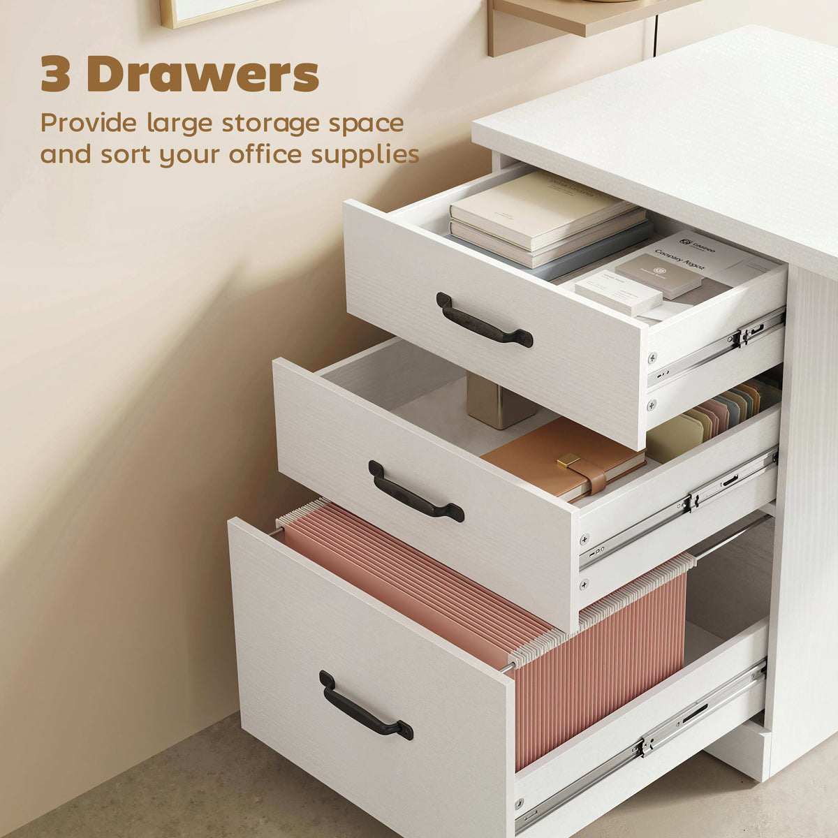 Computer Desk with 3 Drawers, 47" Home Office Desk with Adjustable Hanging Rails for Letter A4 Files, White