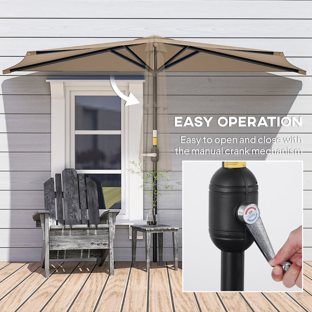 7.5ft Half Umbrella Semi Patio Parasol with Crank Handle, Top Vent for Garden, Balcony- NO BASE INCLUDED, Coffee
